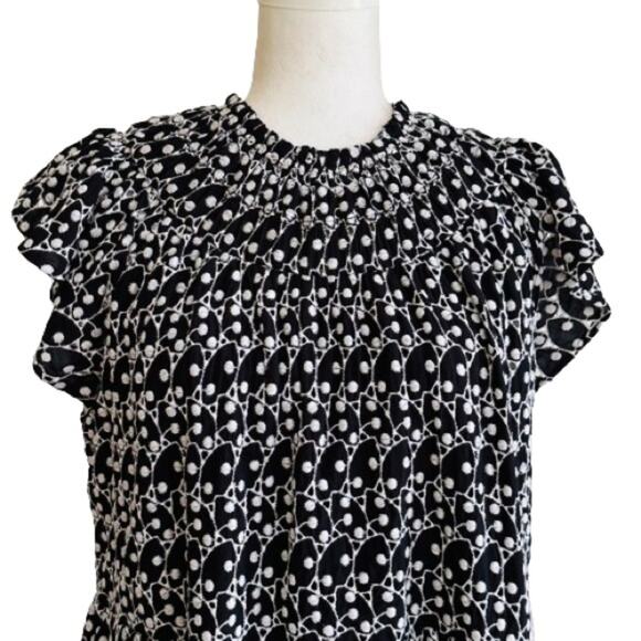 Loft Dress Black White Eyelet Embroidered Smocked Yoke Ruffle Sleeve Size LP NEW - Picture 4 of 14